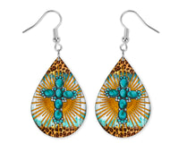 Rhinestone Cross with Leopard Print Teardrop Earrings - Sew Lucky Embroidery