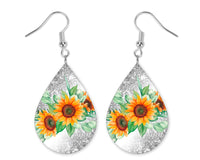Silver Glitter Sunflowers Teardrop Earrings - Sew Lucky Embroidery