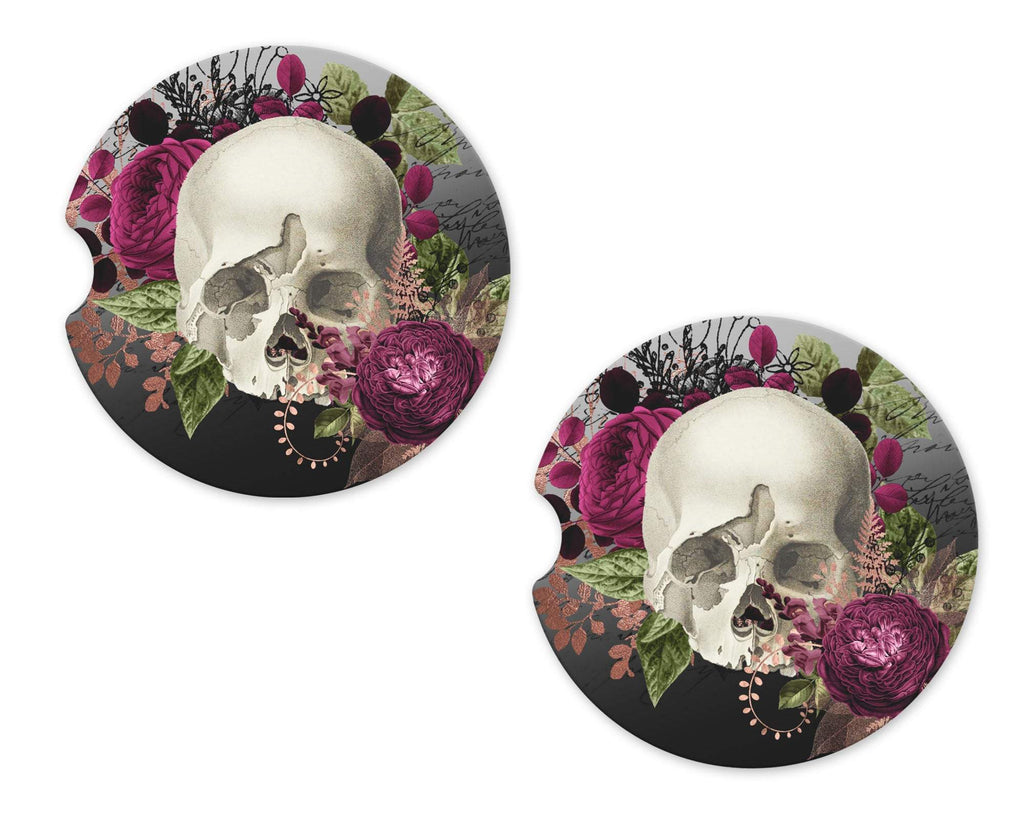 Skull with Flowers Sandstone Car Coasters - Sew Lucky Embroidery