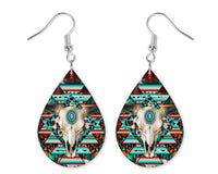 Skull with Serape Teardrop Earrings - Sew Lucky Embroidery