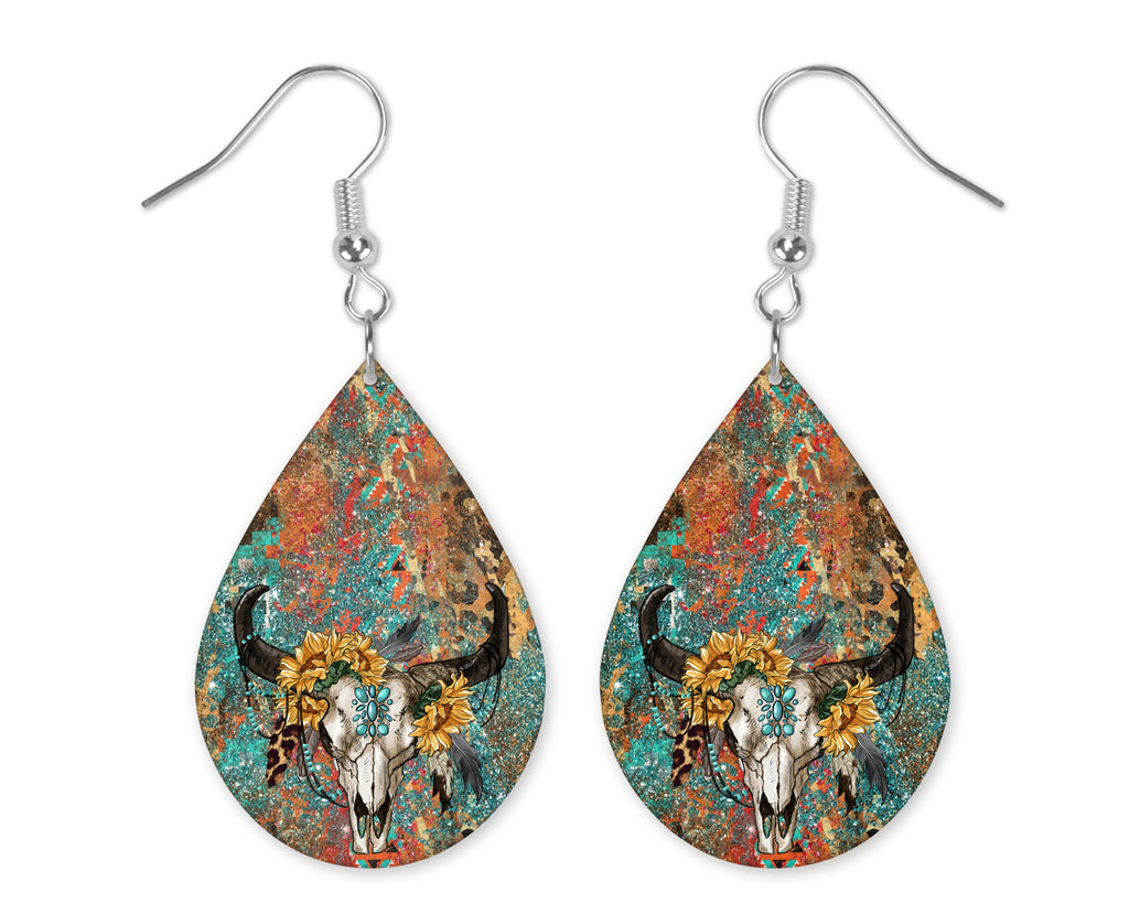 Southwest Cow Skull Teardrop Earrings - Sew Lucky Embroidery