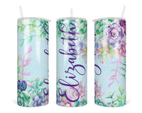 Succulents and Glitter Personalized 20 oz Insulated Tumbler with Lid and Straw - Sew Lucky Embroidery