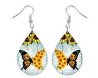 Sunflower Butterfly Teardrop Earrings - Sew Lucky Embroidery