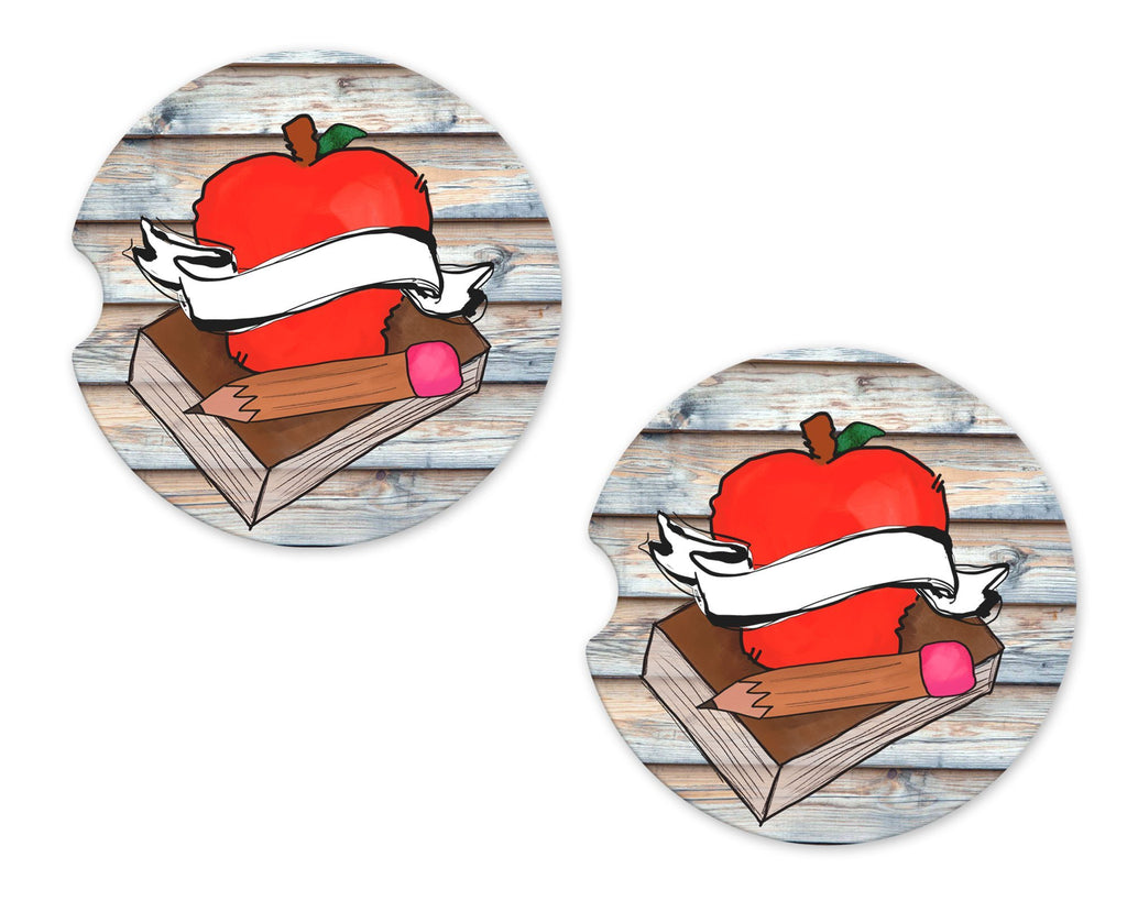 Teacher Design on Wood Sandstone Car Coasters - Sew Lucky Embroidery