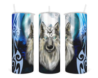 Tribal Wolf 20 oz insulated tumbler with lid and straw - Sew Lucky Embroidery