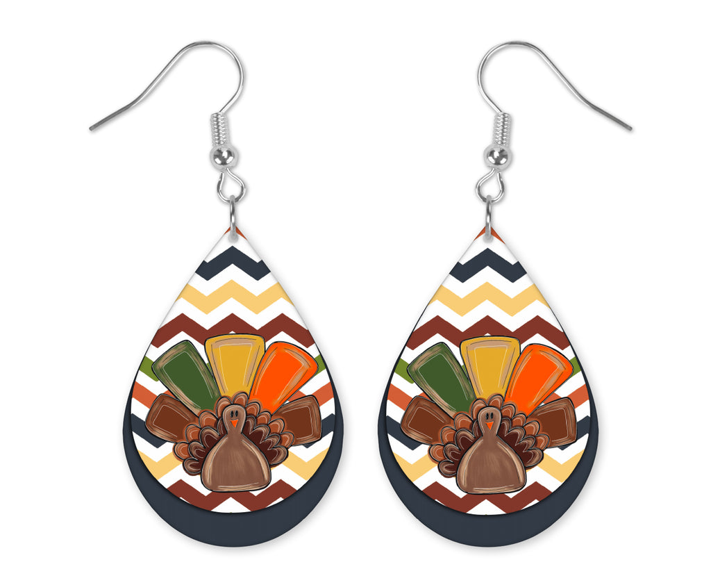 Turkey and Chevron Teardrop Earrings - Sew Lucky Embroidery