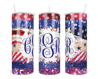 USA Glitter and Stars Personalized 20 oz Insulated Tumbler with Lid and Straw - Sew Lucky Embroidery