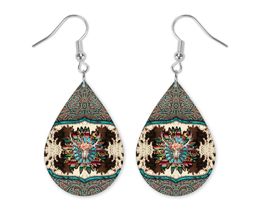 Western Boho Cow Skull Earrings - Sew Lucky Embroidery