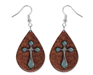Western Cross Leather Design Teardrop Earrings - Sew Lucky Embroidery
