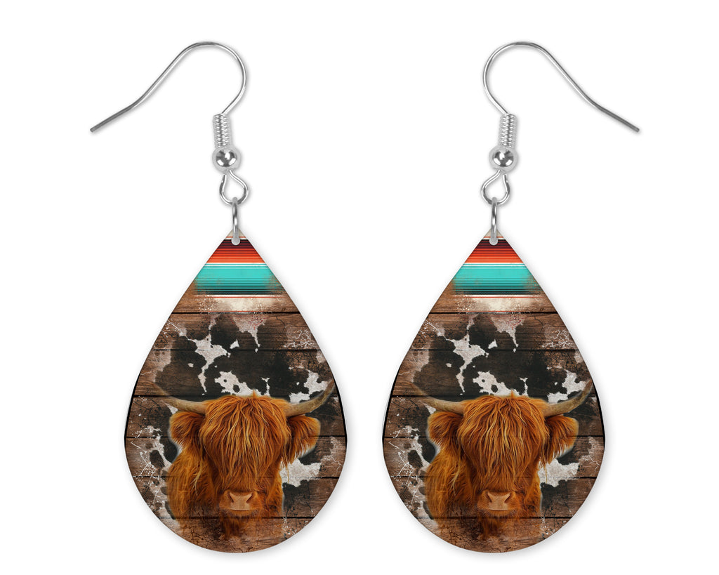 Western Highland Cow Teardrop Earrings - Sew Lucky Embroidery