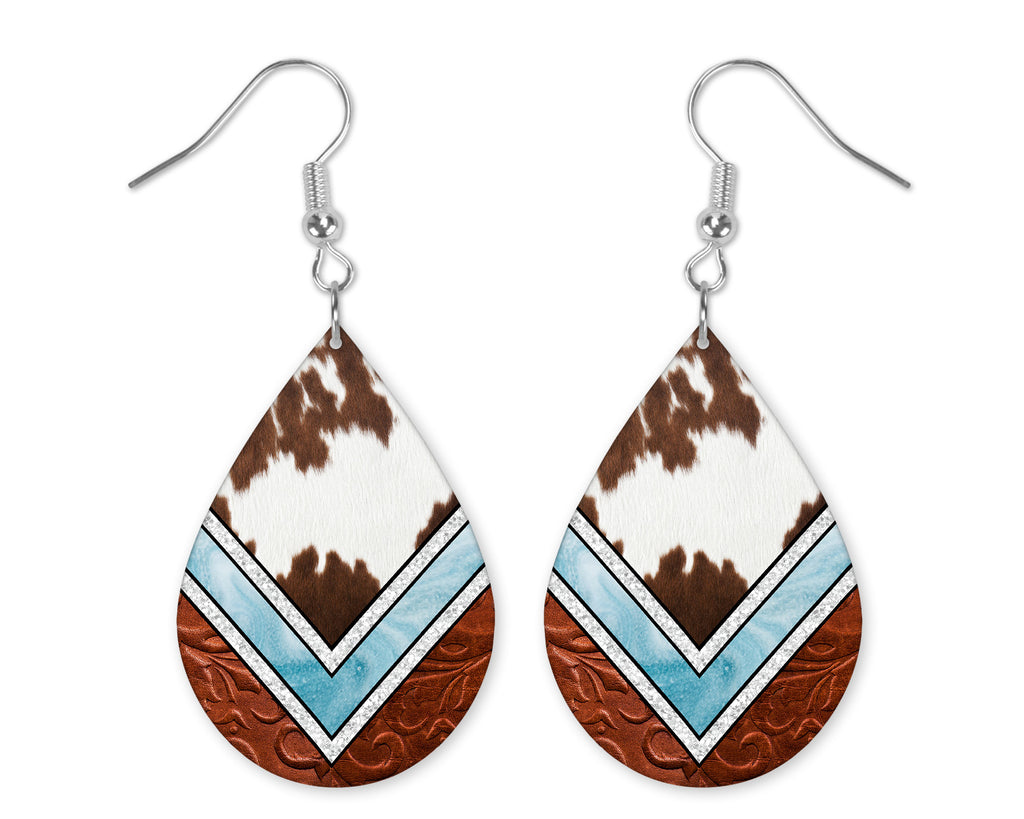 Western Stripe Cowhide Design Teardrop Earrings - Sew Lucky Embroidery
