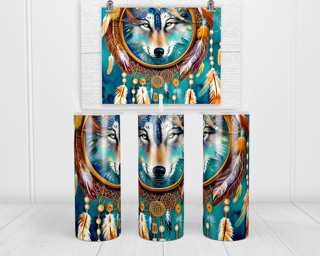 Wolf Dream Catcher 20 oz insulated tumbler with lid and straw - Sew Lucky Embroidery