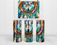 Wolf Dream Catcher 20 oz insulated tumbler with lid and straw - Sew Lucky Embroidery