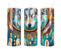 Wolf Dream Catcher 20 oz insulated tumbler with lid and straw - Sew Lucky Embroidery