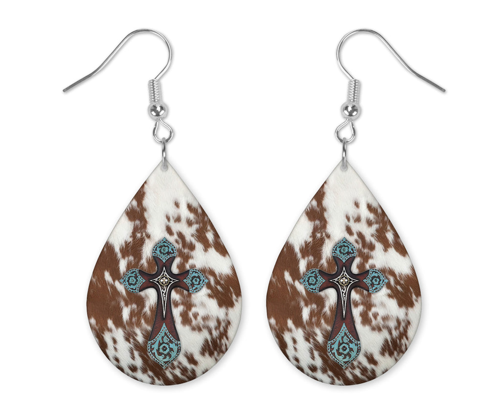 Wood Cowhide Cross Pesa Teardrop Earrings - Sew Lucky Embroidery