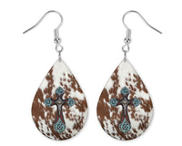 Wood Cowhide Cross Pesa Teardrop Earrings - Sew Lucky Embroidery