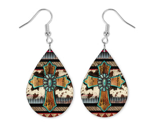 Wood Cowhide Cross Teardrop Earrings - Sew Lucky Embroidery