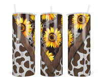 Wood Sunflower Cow print  20 oz insulated tumbler with lid and straw - Sew Lucky Embroidery