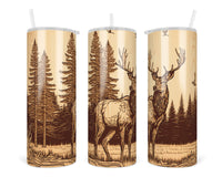 Wooden Deer 20 oz insulated tumbler with lid and straw - Sew Lucky Embroidery