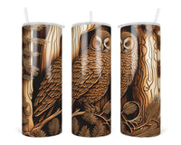 Wooden Owl 20 oz insulated tumbler with lid and straw - Sew Lucky Embroidery
