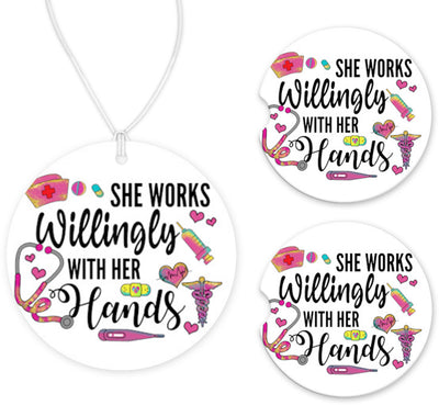 Works Willing with Her Hands Car Charm and set of 2 Sandstone Car Coasters