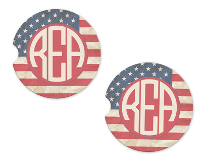American Flag Monogram Sandstone Car Coasters (Set of Two)