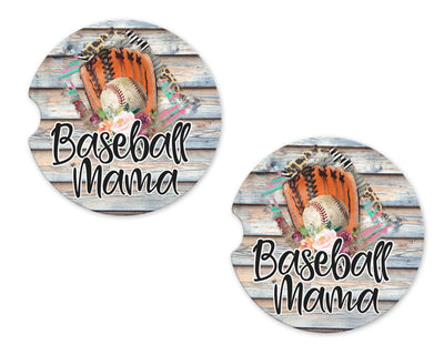 Baseball Mama Floral Sandstone Car Coasters (Set of Two)