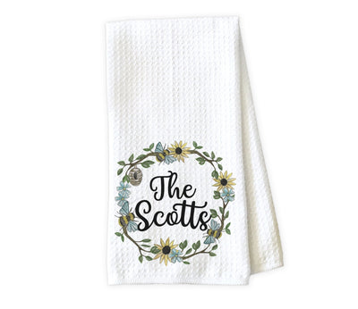 Bee and Flowers Wreath Personalized Waffle Weave Microfiber Kitchen Towel