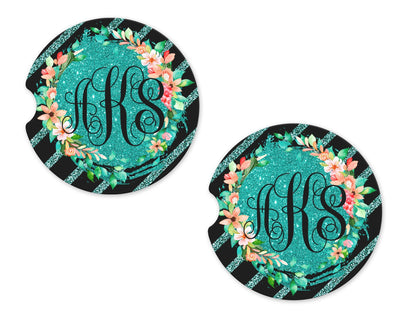 Black and Teal Stripes Personalized Sandstone Car Coasters (Set of Two)