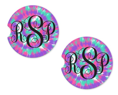 Blue and Purple Tie Dye Personalized Sandstone Car Coasters (Set of Two)