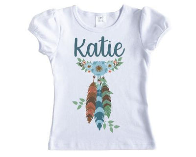 Blue Feathers and Flowers Personalized Girls Shirt