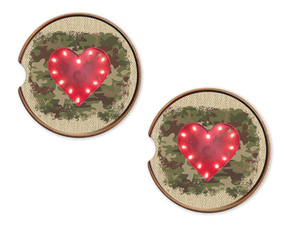 Burlap Camo Heart with Border Sandstone Car Coasters (Set of Two)
