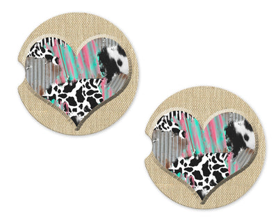 Burlap Cow Personalized Sandstone Car Coasters (Set of Two)