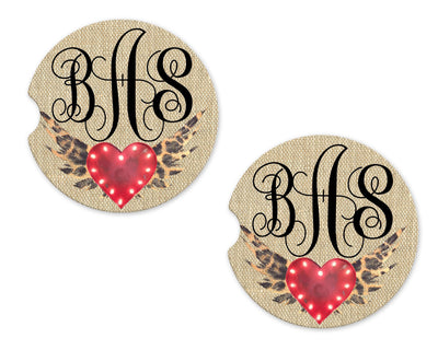 Burlap Heart with Leopard Wings Personalized Sandstone Car Coasters (Set of Two)