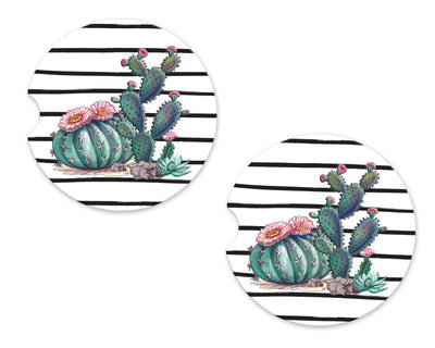 Cactus Stripes Personalized Sandstone Car Coasters (Set of Two)
