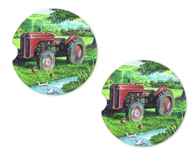 Cartoon Tractor Sandstone Car Coasters (Set of Two)