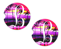 Colorful Beach with Palm Trees Personalized Sandstone Car Coasters - Sew Lucky Embroidery