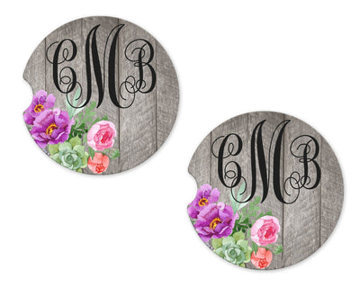 Colorful Flowers on Wood Personalized Sandstone Car Coasters (Set of Two)