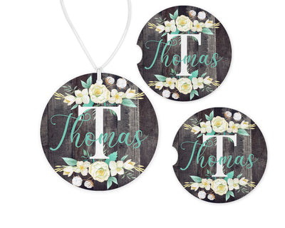 Cotton Flowers Car Charm and set of 2 Sandstone Car Coasters Personalized