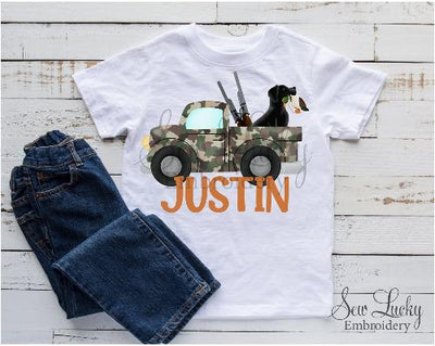 Duck Hunting Camo Truck with Dog Boys Personalized Shirt