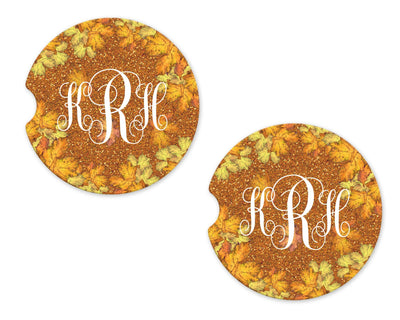 Fall Leaves and Glitter Personalized Sandstone Car Coasters (Set of Two)