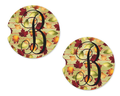 Fall Leaves and Glitter Stripes Personalized Sandstone Car Coasters (Set of Two)