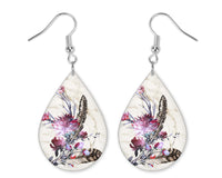 Feathers and Floral Teardrop Earrings - Sew Lucky Embroidery