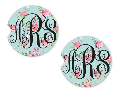 Floral Baby Blue Personalized Sandstone Car Coasters (Set of Two)