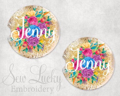 Floral Glitter Personalized Sandstone Car Coasters (Set of Two)