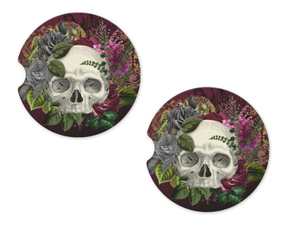 Floral Skulls Sandstone Car Coasters (Set of Two)