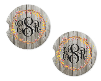 Floral Wreath on Wood Personalized Sandstone Car Coasters (Set of Two)