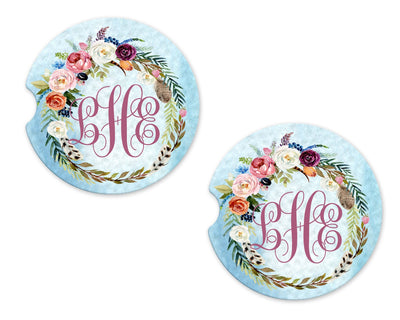 Floral Wreath Personalized Sandstone Car Coasters (Set of Two)