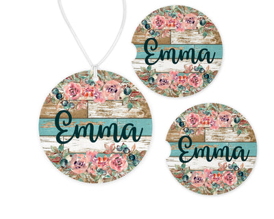 Floral Car Charm and set of 2 Sandstone Car Coasters Personalized (Set of Two)