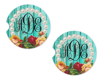 Flowers and Pearls on Teal Personalized Sandstone Car Coasters (Set of Two)